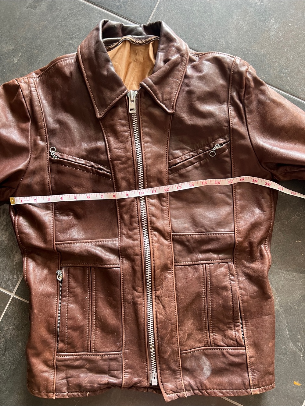 Men's vintage Brown Leather Bomber motorcycle Jacket with Zip Front - Picture 3 of 8